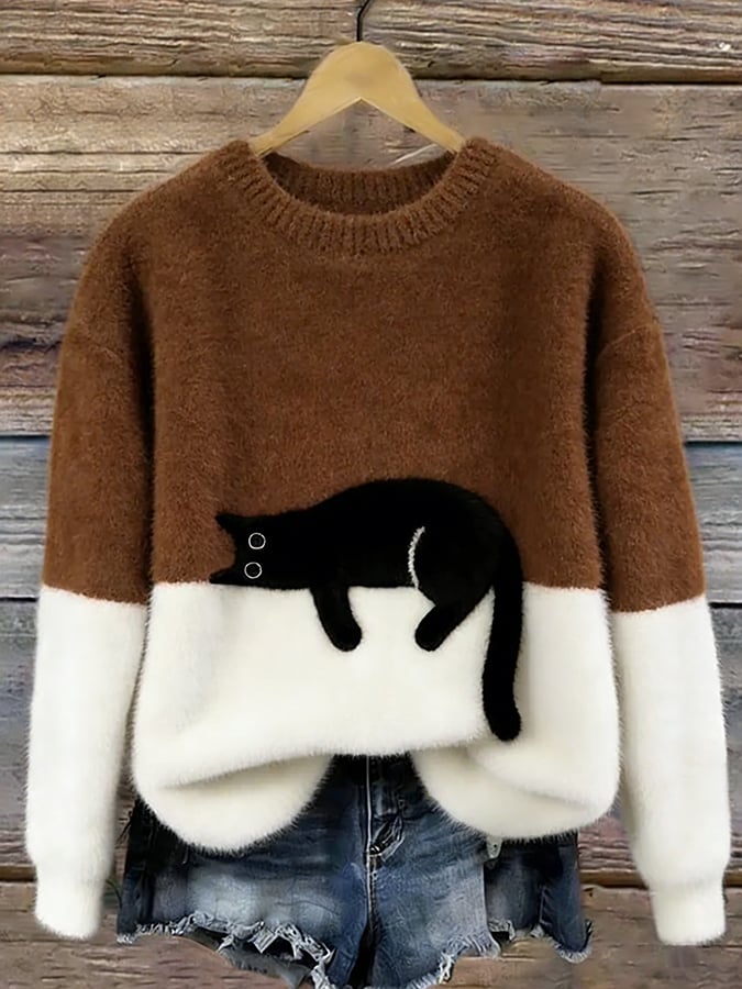 Women's Cotton-Blend Cat Graphic Pullover Sweater in Brown