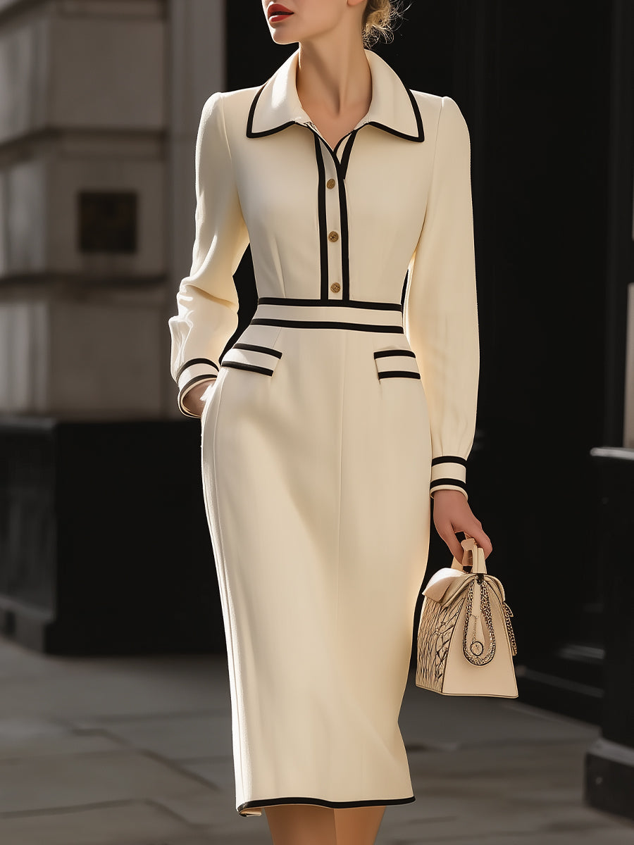 Women's Ivory Contrast Trim Button-Front Midi Dress with Pockets