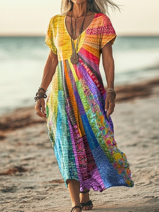 Cotton Linen Maxi Dress with Sun-Inspired Print