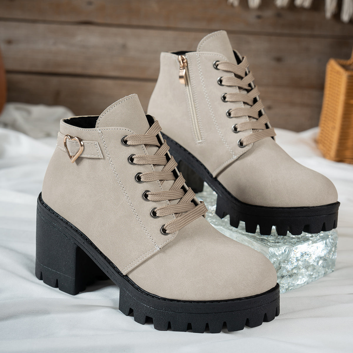 Women's Lace-Up Block Heel Ankle Boots with Heart Hardware in Beige