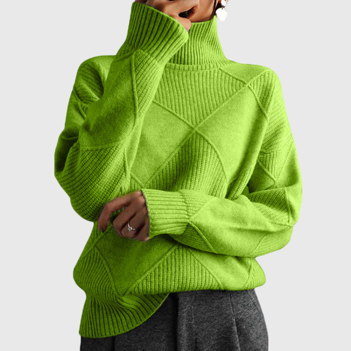 Women's Geometric Textured Knit Turtleneck Sweater in Green