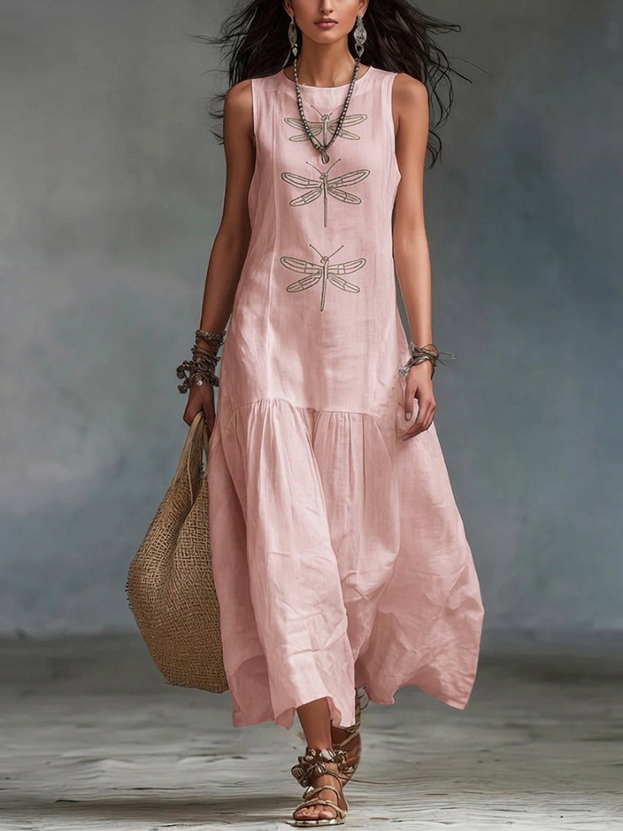 Women's Sleeveless Cotton-Linen Maxi Dress with Dragonfly Embroidery in Pink