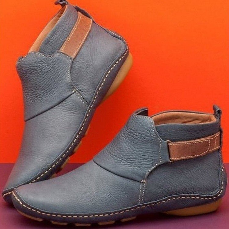 Women's Handstitched Leather Flat Ankle Boots with Adjustable Strap in Gray