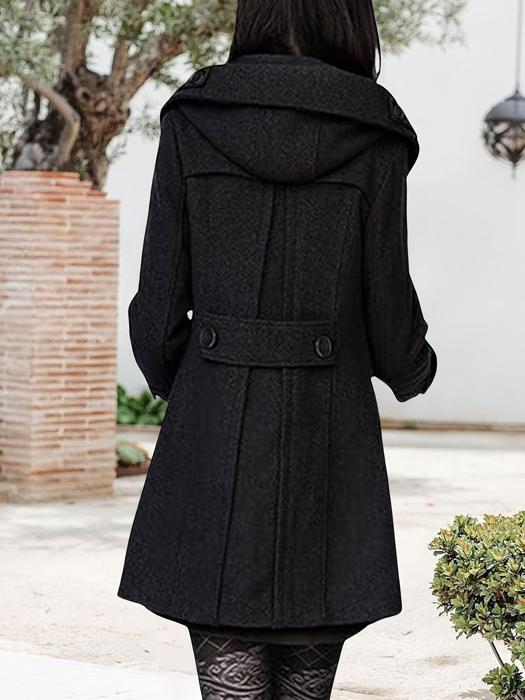 Women's Hooded Coat, Double Breasted Mid Length Winter Overcoat
