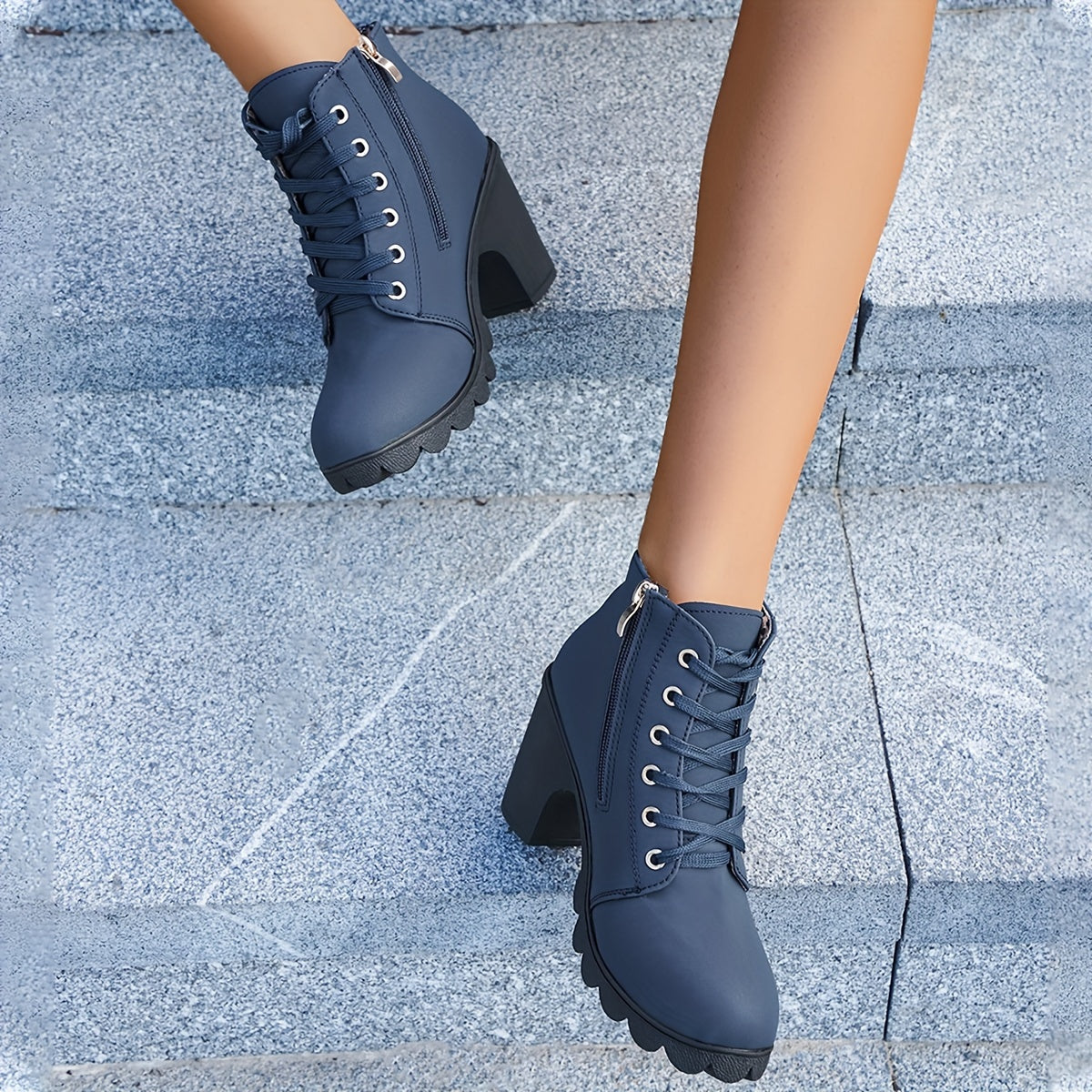 Women's Lug Sole Lace-Up Block Heel Ankle Boots with Side Zip, view 8