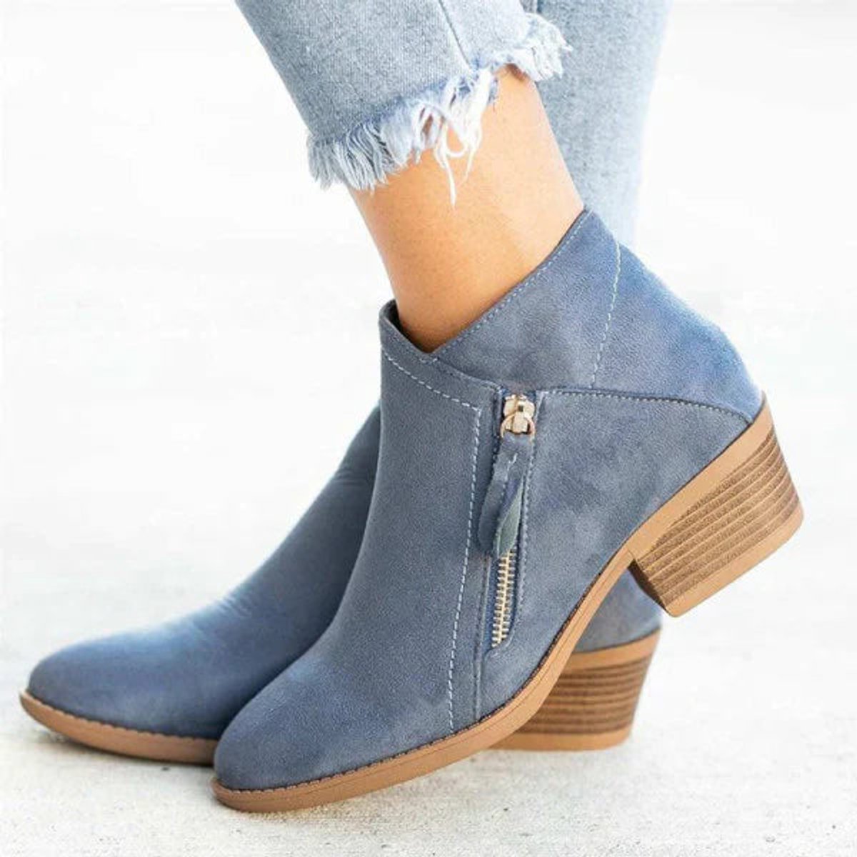 Women's Suede Low Heel Side-Zip Ankle Boots with Round Toe in Blue