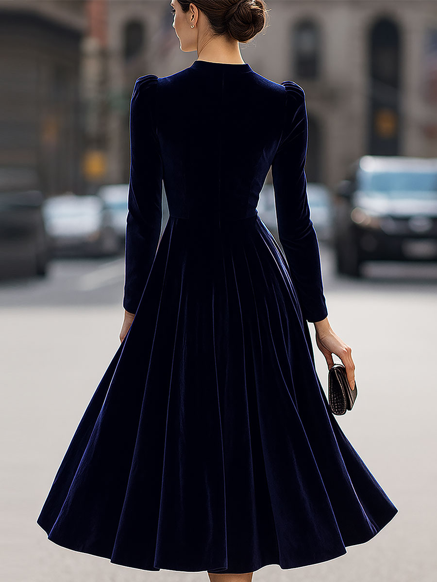 Women's Navy Blue Velvet Long Sleeve Midi Dress, view 4