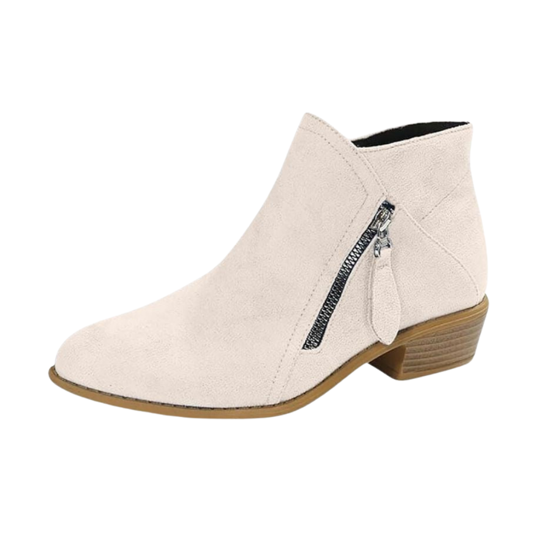 Women's Suede-Style Low Block Heel Ankle Boots with Tassel Zip Pull in Beige