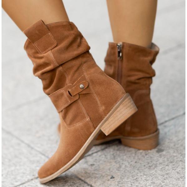 Women's Suede Fold-Over Cuff Slouch Ankle Boots with Low Block Heel, view 3