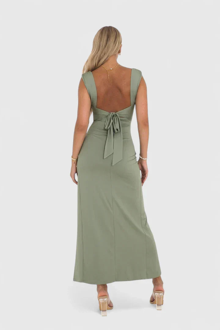 Women's Green High-Slit Maxi Dress with Gathered Straps, view 3