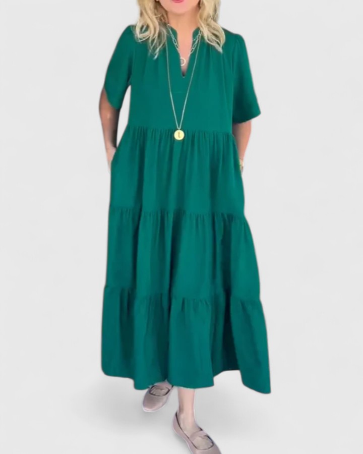 Women's Flared Maxi Dress with Side Pockets in Green