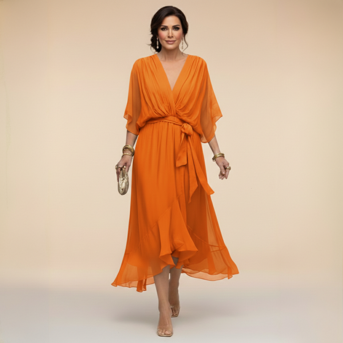 Women's Lightweight Chiffon V-Neck Midi Dress in Orange