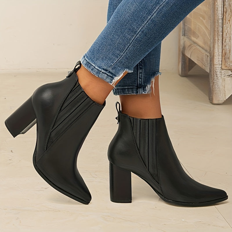 Women's Pointed Toe Pull-On Ankle Boots with Square Block Heel, view 7
