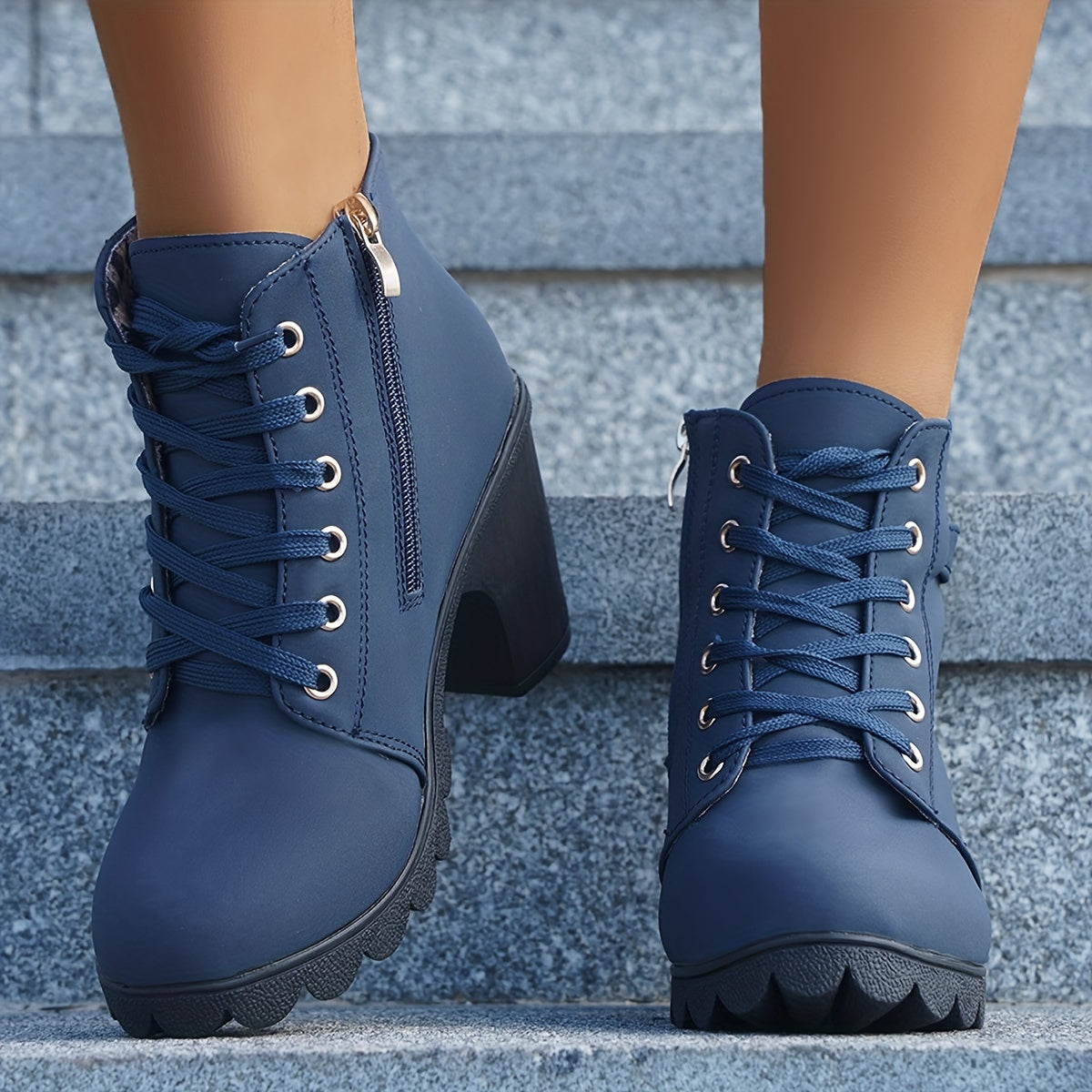 Women's Lug Sole Lace-Up Block Heel Ankle Boots with Side Zip