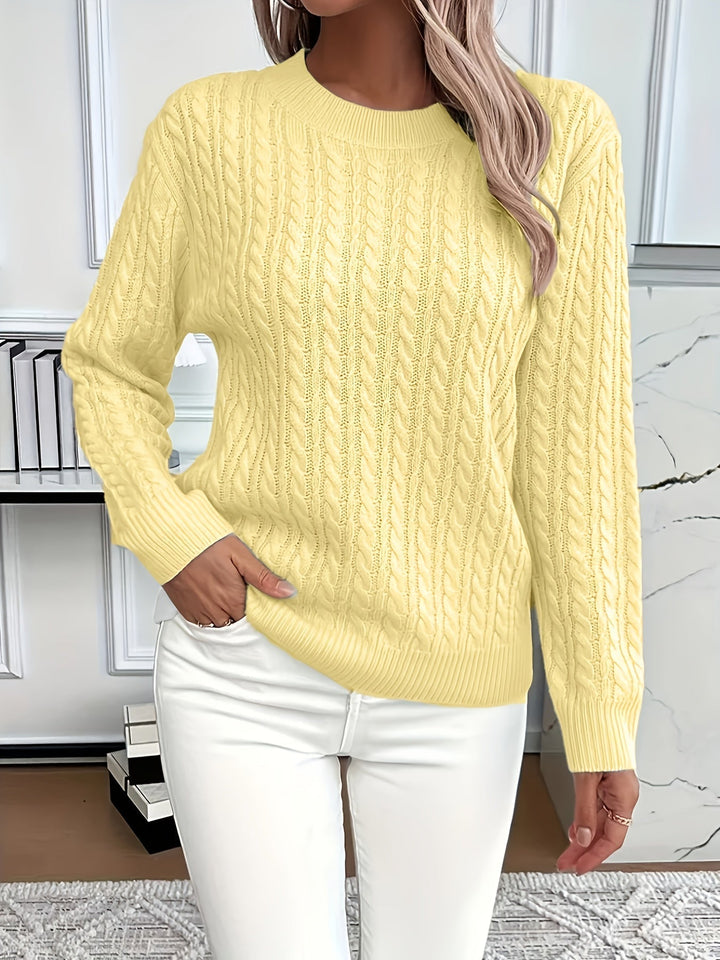 Women's Cable Knit Sweater, Ribbed Trim Crew Neck Pullover