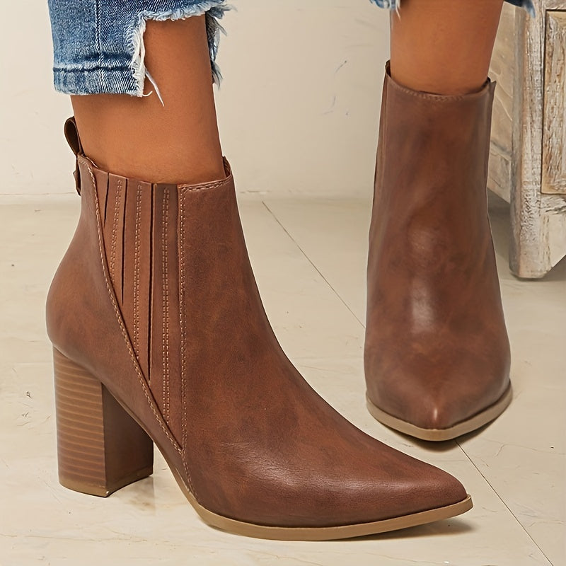 Women's Pointed Toe Pull-On Ankle Boots with Square Block Heel, view 9