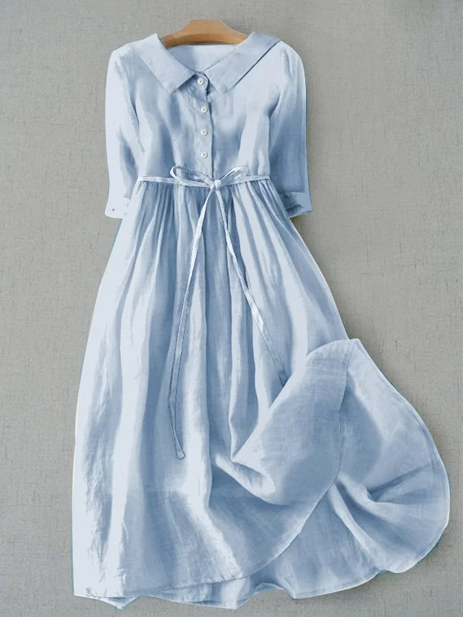 Women's Half Sleeve Cotton Linen Midi Dress with Lace-Up Waist in Blue