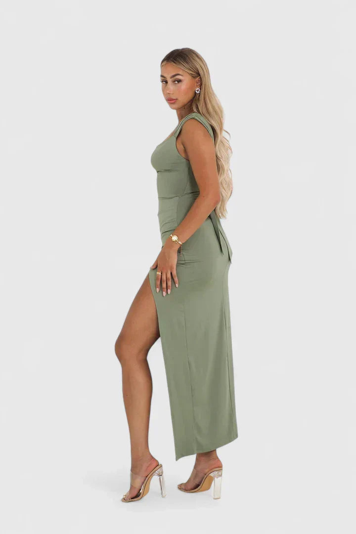Women's Green High-Slit Maxi Dress with Gathered Straps, view 5