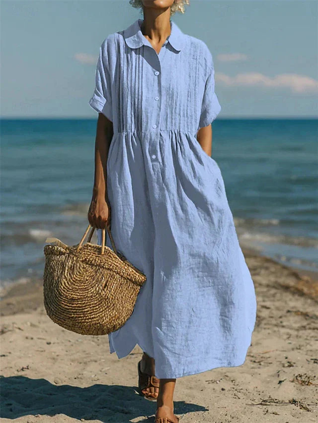 Women's Cotton Button-Front Midi Shirt Dress with Collar in Light Blue