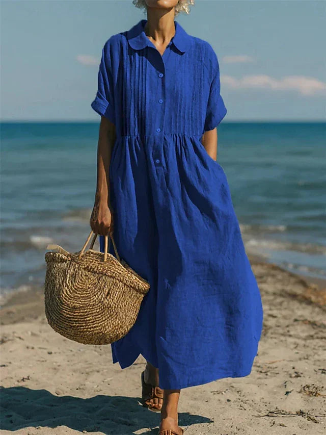 Women's Cotton Button-Front Midi Shirt Dress with Collar in Blue