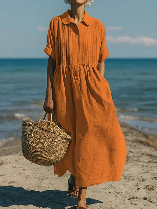 Women's Cotton Button-Front Midi Shirt Dress with Collar in Orange