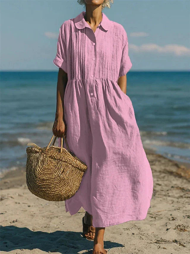 Women's Cotton Button-Front Midi Shirt Dress with Collar in Pink