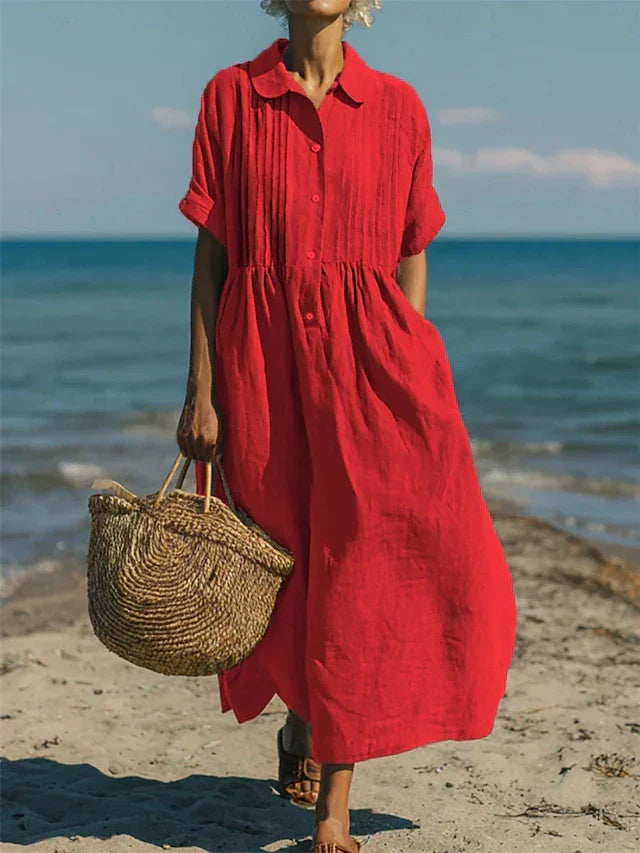 Women's Cotton Button-Front Midi Shirt Dress with Collar in Red