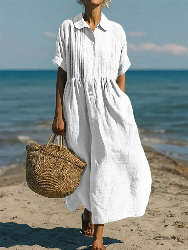 Women's Cotton Button-Front Midi Shirt Dress with Collar in White