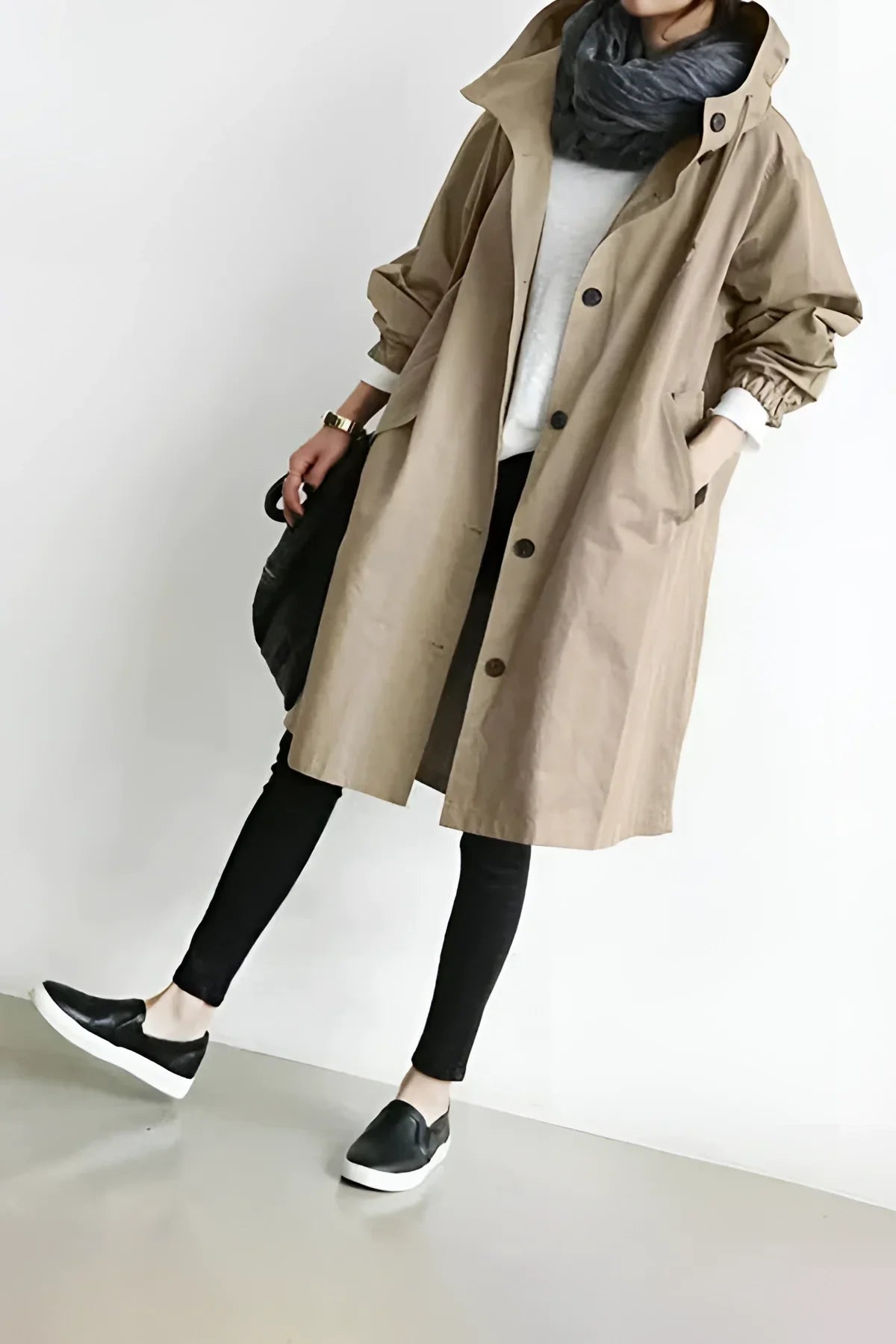 Women's Oversized Hooded Water-Repellent Raincoat in Beige