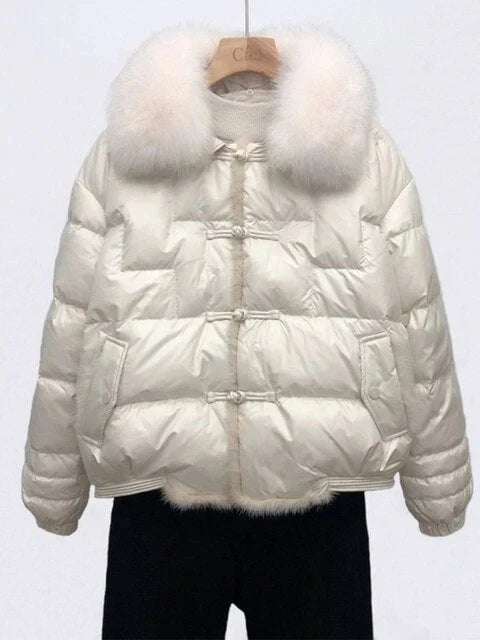 Women's Oversized Down Puffer Jacket with Vintage Collar in Beige