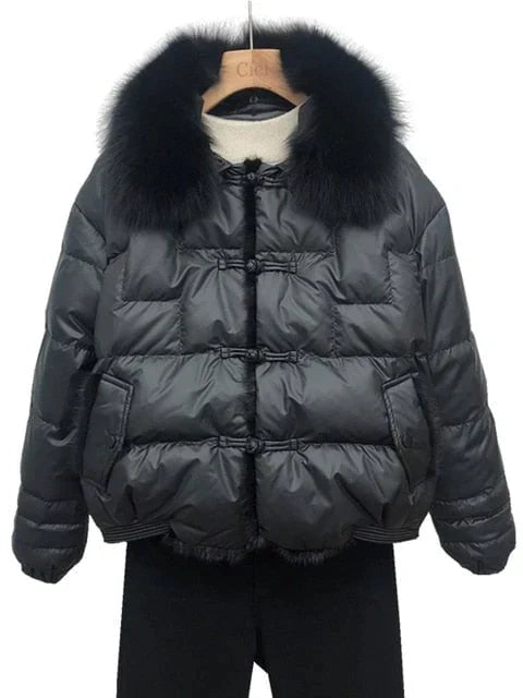 Women's Oversized Down Puffer Jacket with Vintage Collar in Black