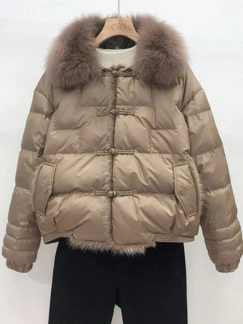 Women's Oversized Down Puffer Jacket with Vintage Collar in Brown
