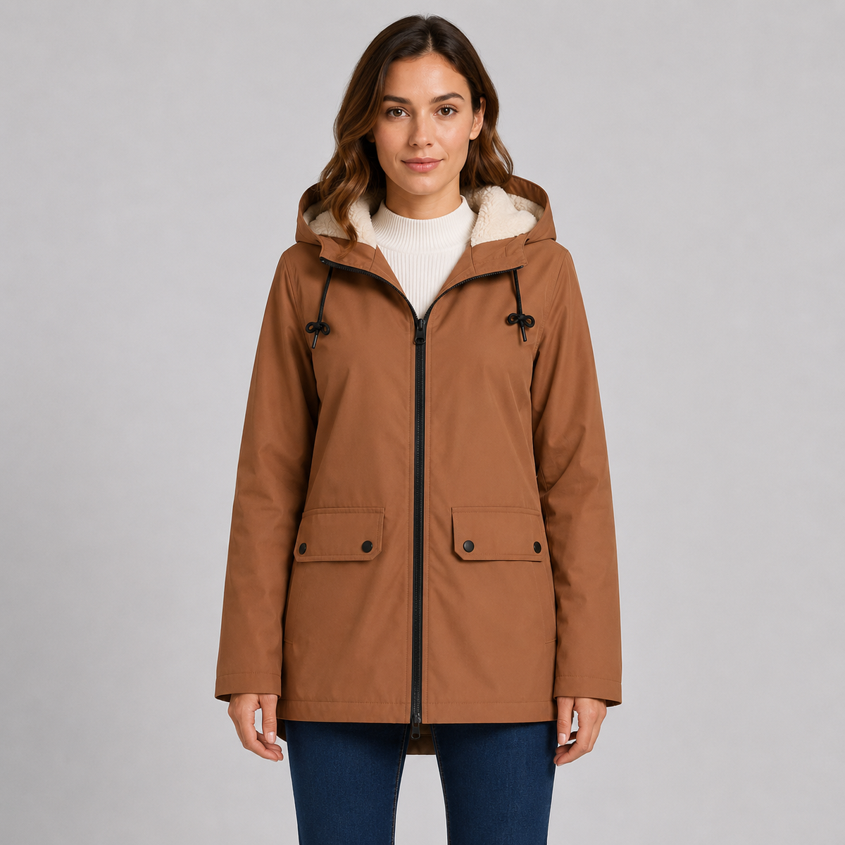 Women's Fleece-Lined Full-Zip Hoodie Jacket in Brown
