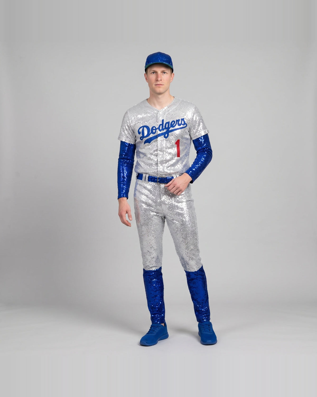 Women's silver sequin baseball uniform costume – front view