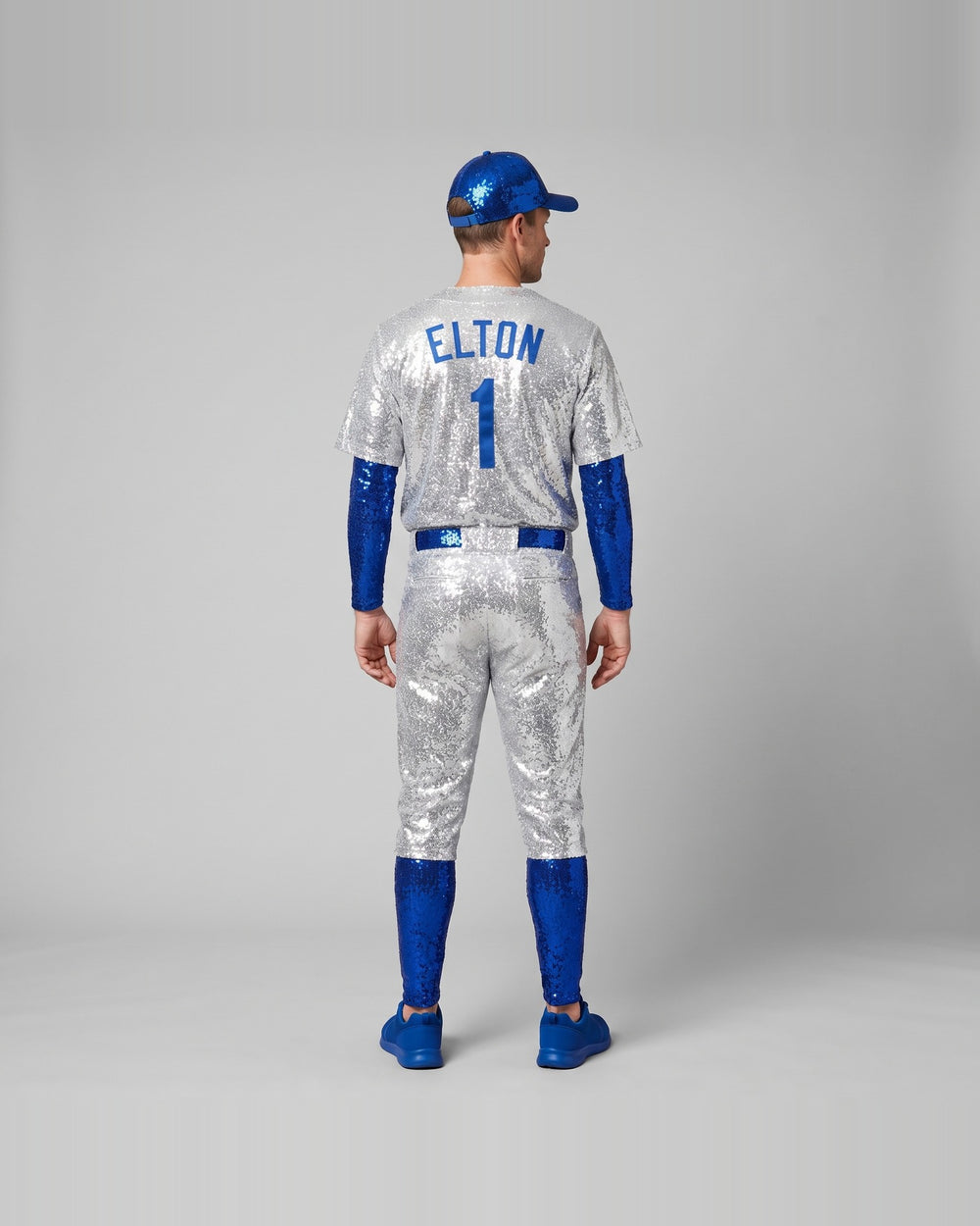 Women's silver sequin baseball uniform costume – back view