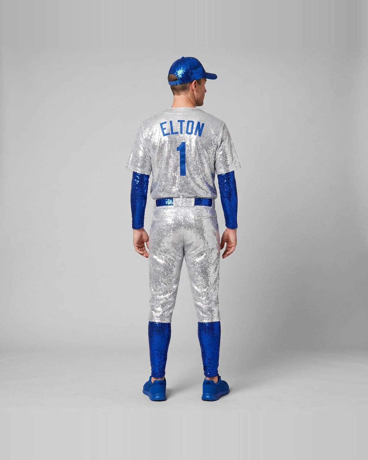 Women's silver sequin baseball uniform costume – back view