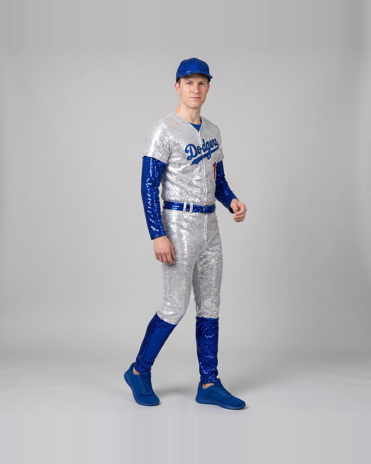 Women's silver sequin baseball uniform costume – three-quarter view