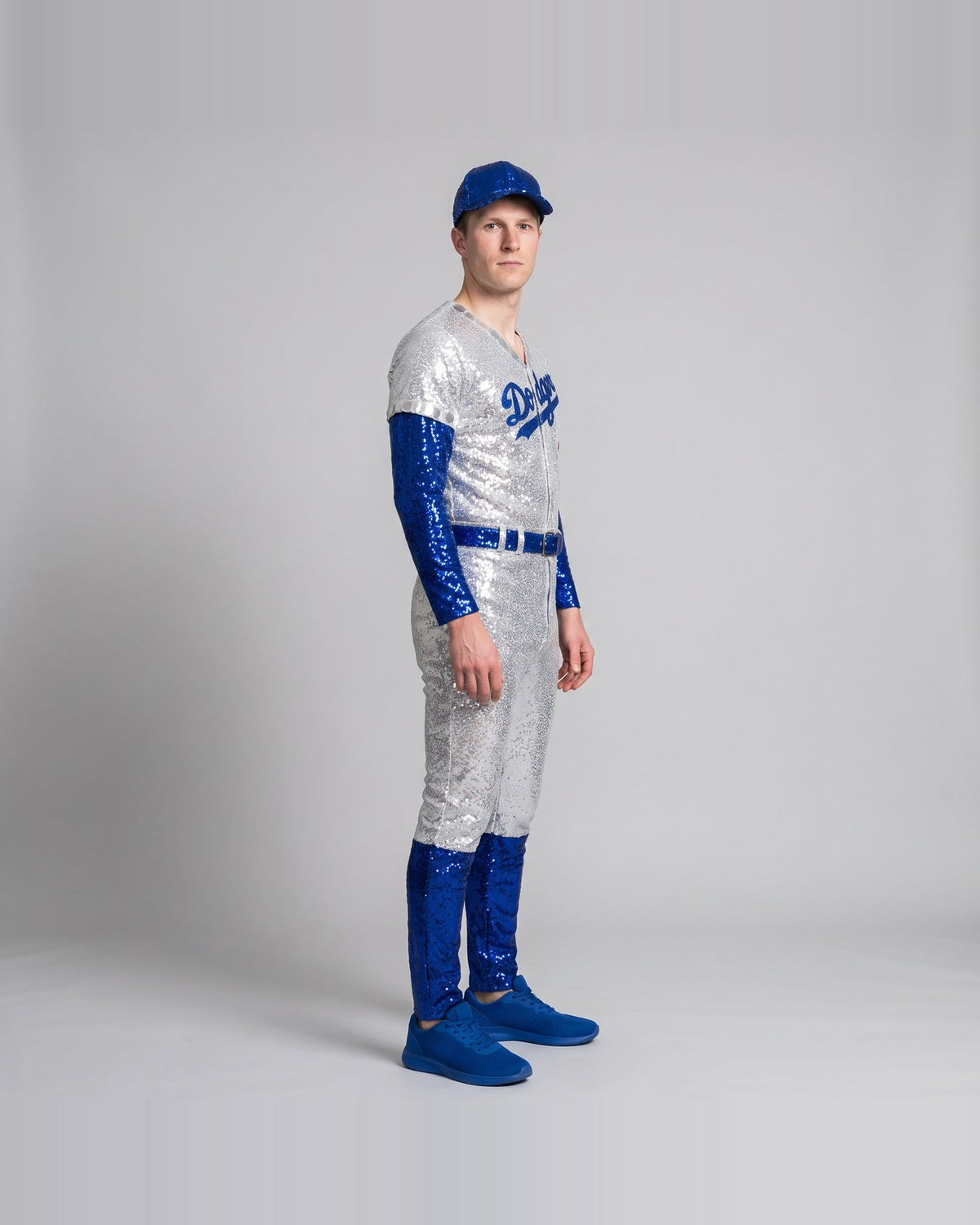 Women's silver sequin baseball uniform costume – side view