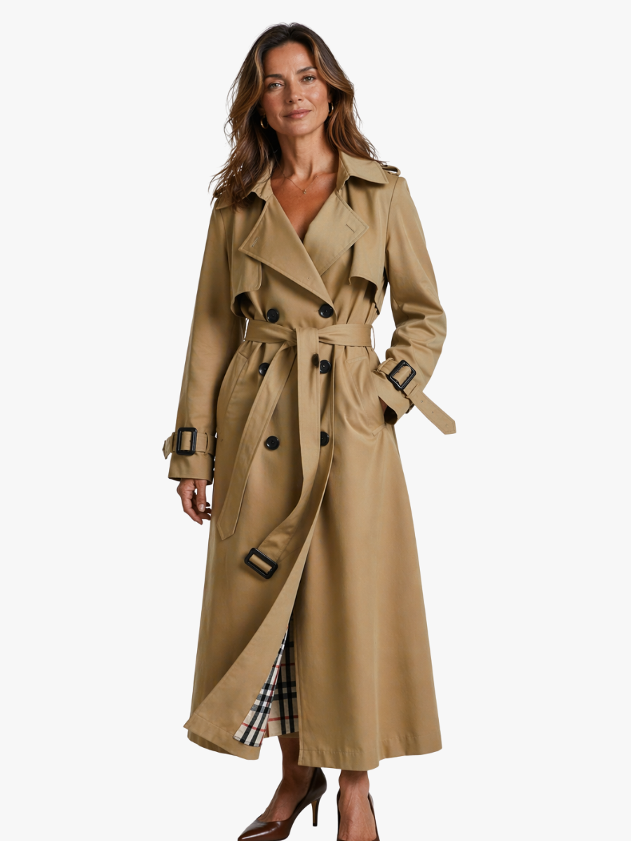 Women's Belted Trench Coat, Double Breasted Long Sleeve Fall Outerwear