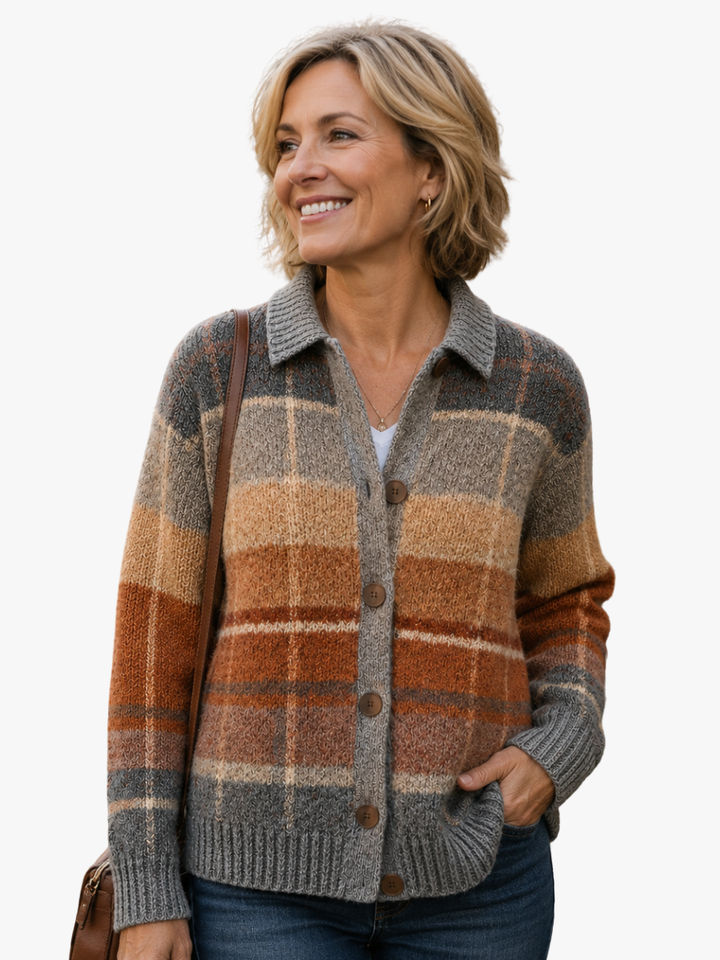 Women's Plaid Button Front Cardigan Sweater, Checked Knit Plus Size
