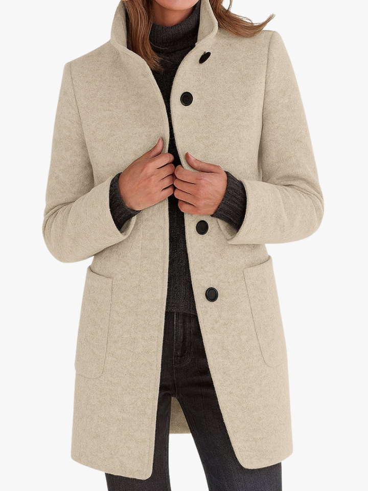 Women's Wool Blend Coat, Stand Collar Winter Overcoat with Pockets