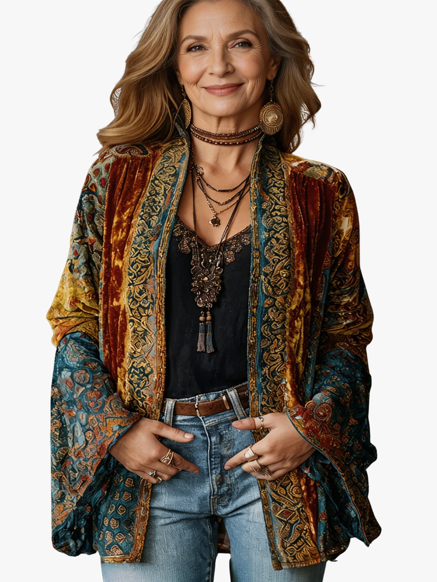 Women's Velvet Jacket, Boho Print Open Front Lightweight Outerwear
