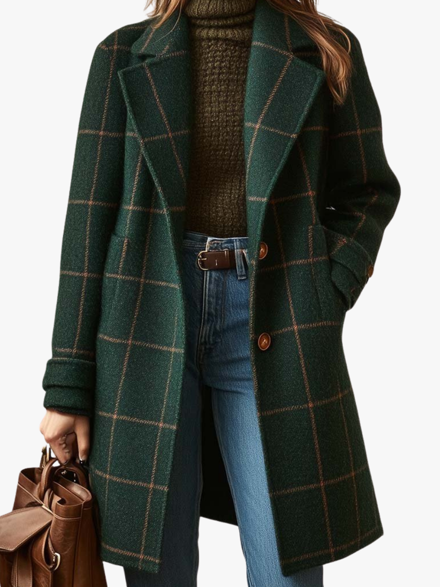 Women's Plaid Coat, Checked Notch Lapel Button Winter Overcoat Plus Size