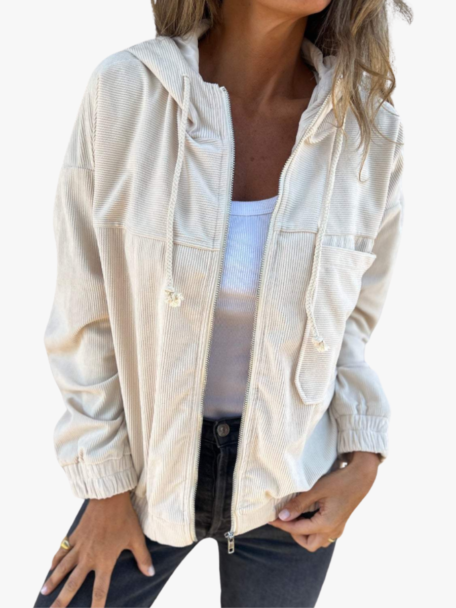 Women's Relaxed Corduroy Hooded Zip-Up Jacket with Pockets