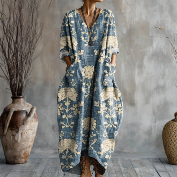 Women's Blue Printed Linen Midi Dress with Pockets