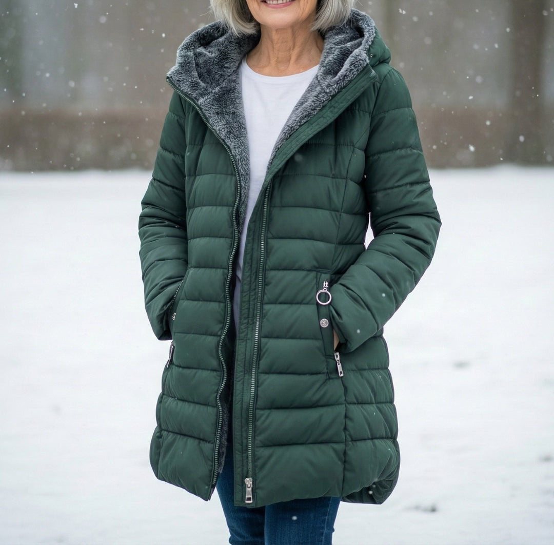 Women's Fleece-Lined A-Line Hooded Puffer Coat in Dark Green