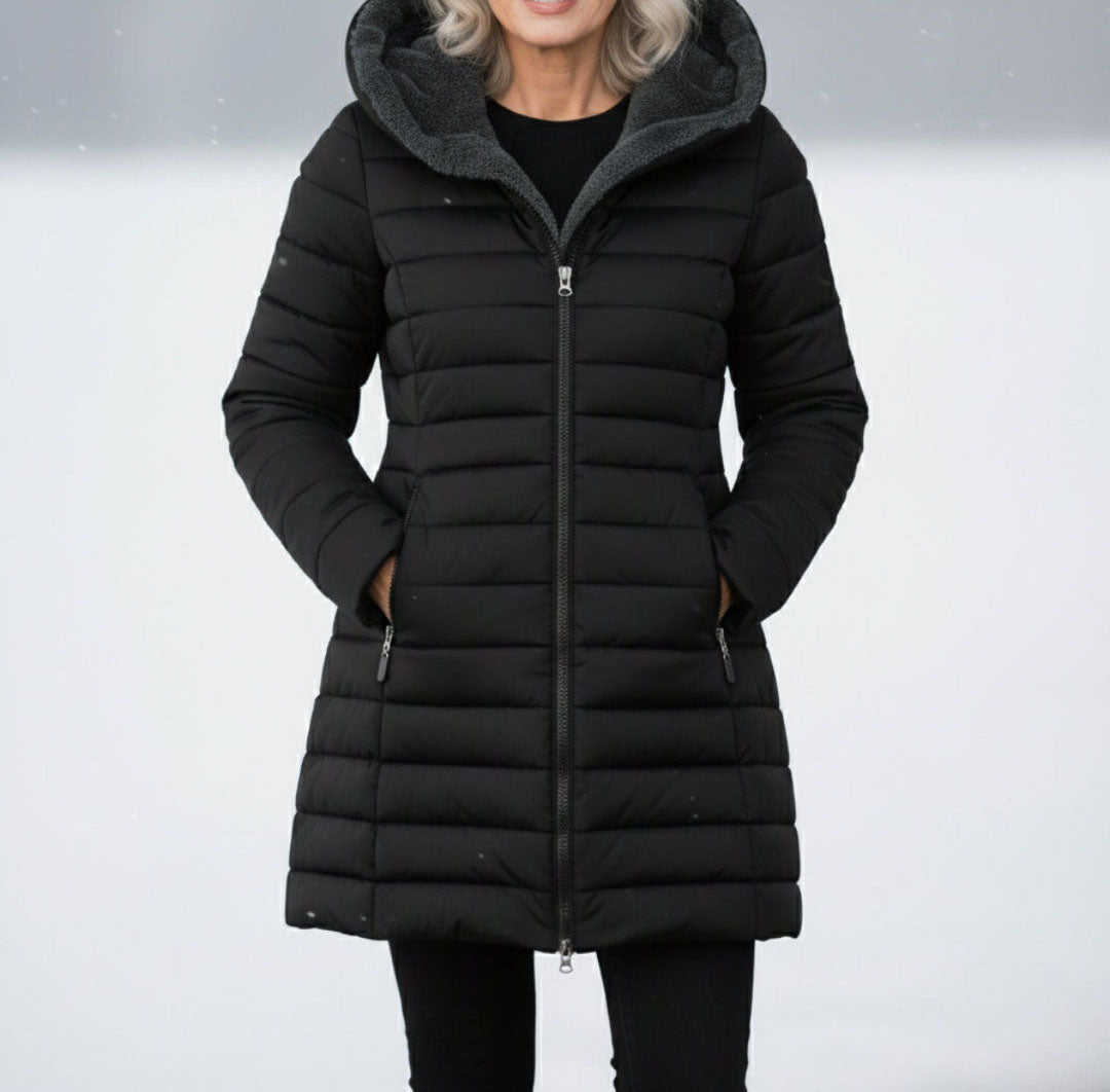 Women's Fleece-Lined A-Line Hooded Puffer Coat in Black
