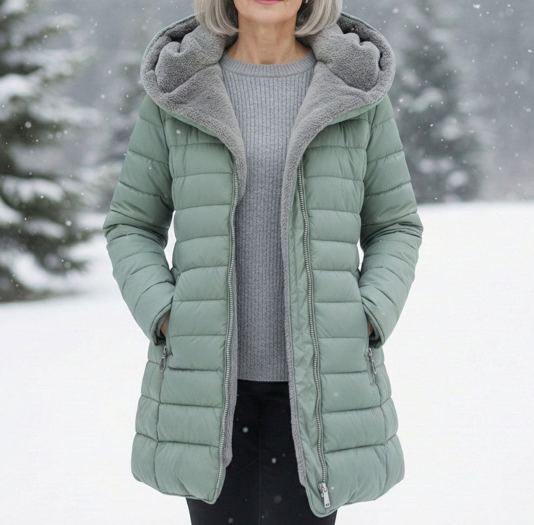 Women's Fleece-Lined A-Line Hooded Puffer Coat in Light Green