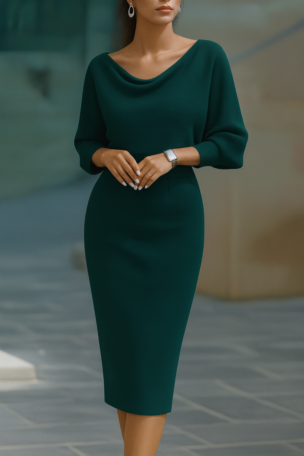 Women's Draped Batwing Sleeve Knit Midi Dress with Cowl Neck in Green