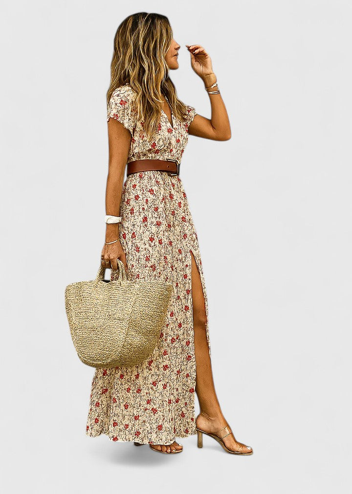 Women's Boho Print Maxi Dress with Gathered Waist, view 2